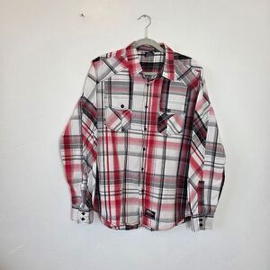 No Fear Men's Pearl Snap Button Up Shirt Western Rodeo 90s Country Red Plaid L